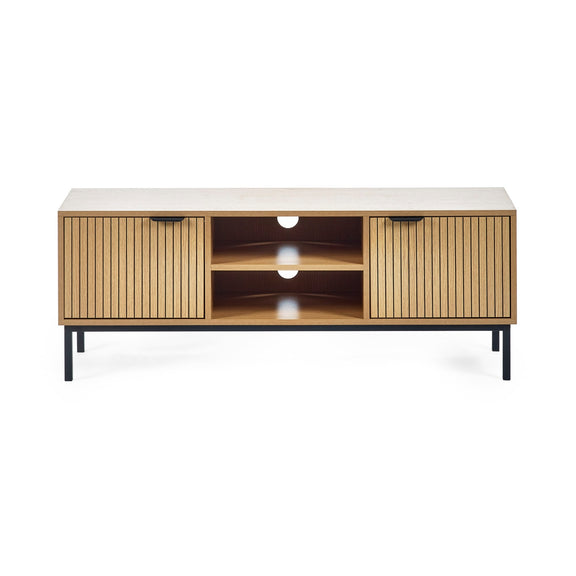 Wooden TV stand with white top and open shelf on a white background