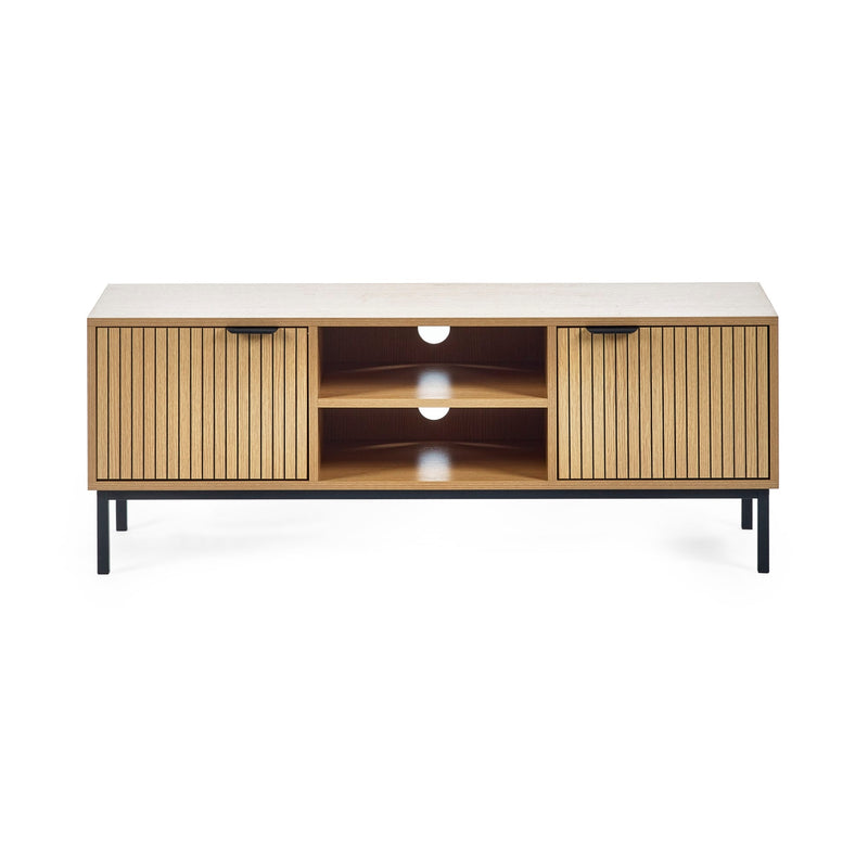 Wooden TV stand with white top and open shelf on a white background