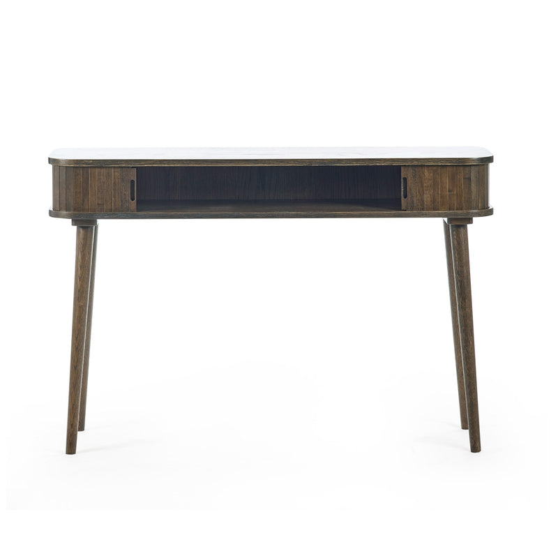 Wooden console table with a white top on a white background
