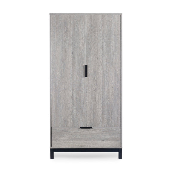 Gray wooden wardrobe with black feet on a white background