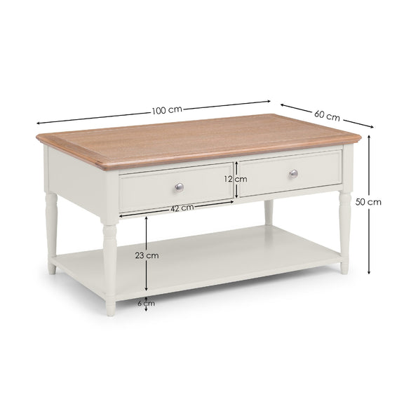 Coffee table with dimensions labeled on a white background