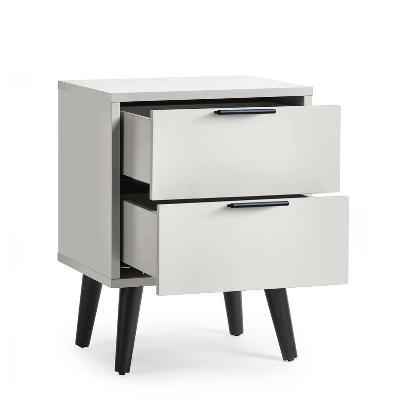 White nightstand with two drawers on a white background