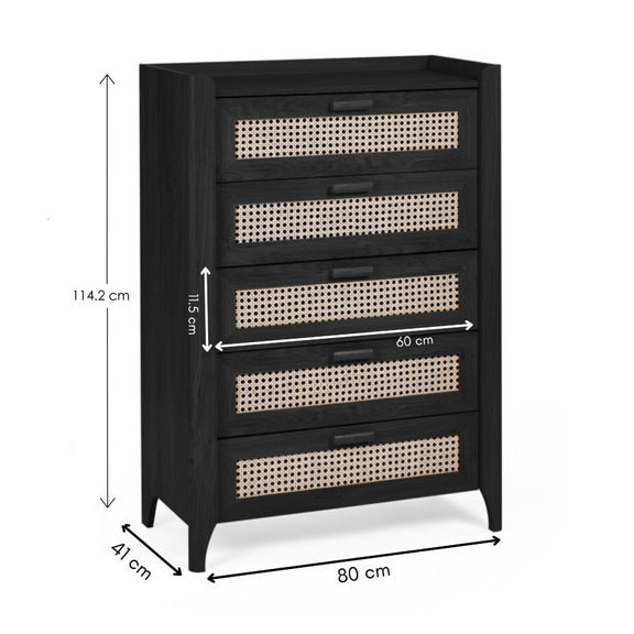 Dimensions of black wooden 5 drawer chest with woven rattan drawer fronts