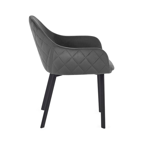 Dark gray quilted chair with black legs on a white background