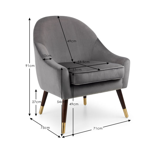 Gray armchair with dimensions marked on a white background