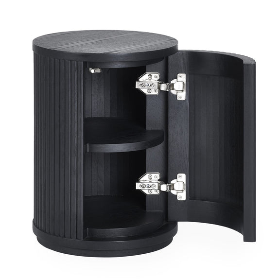 Black cylindrical storage unit with a door open on a white background