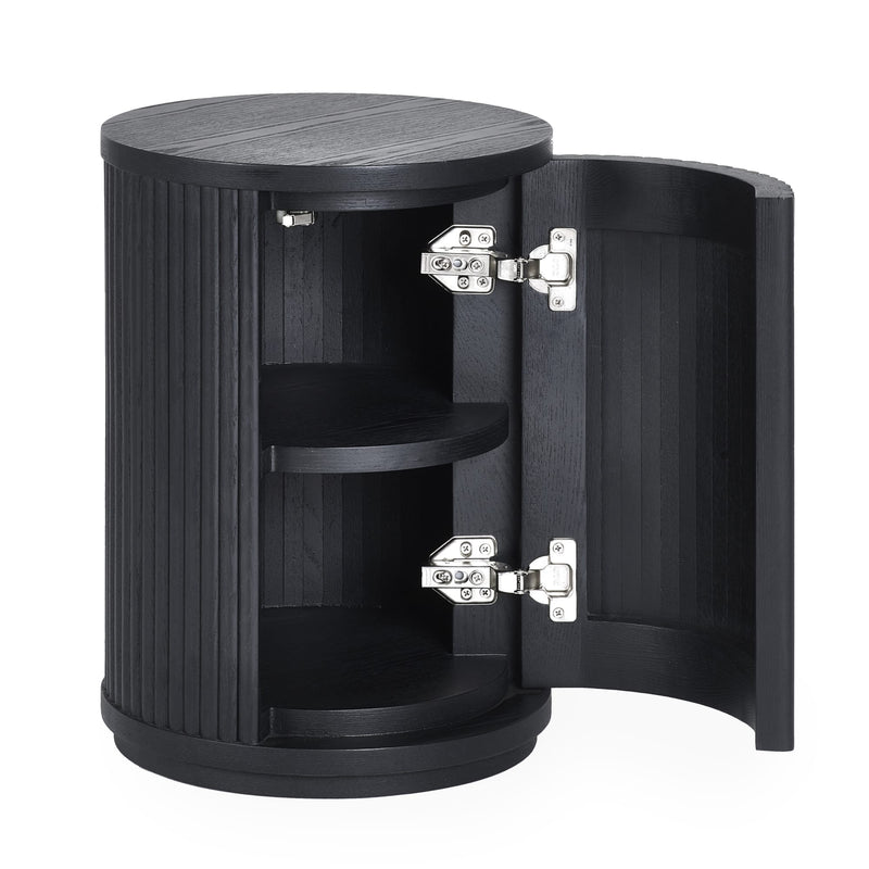 Black cylindrical storage unit with a door open on a white background