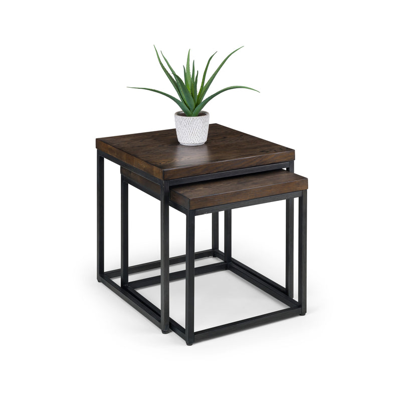 Set of two wooden side tables with metal legs on a white background