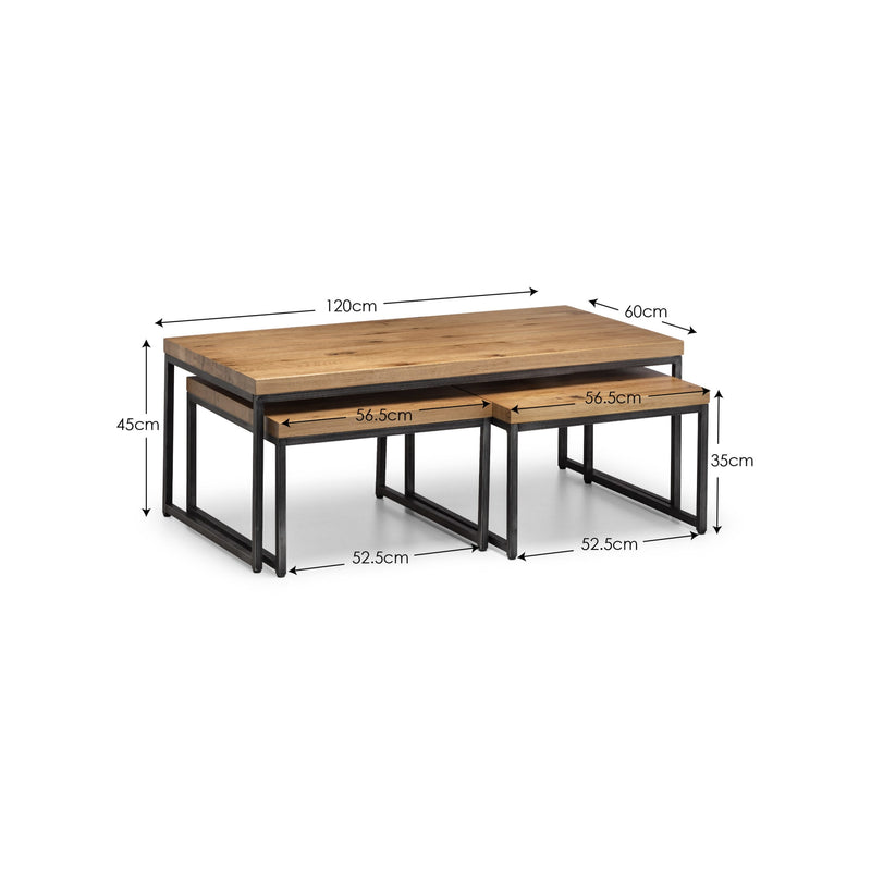 Set of two wooden tables with dimensions labeled on a white background