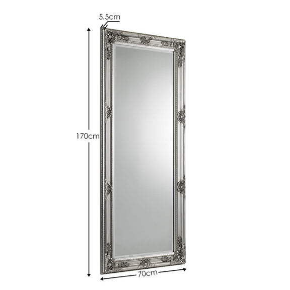 Silver framed mirror with dimensions on a white background