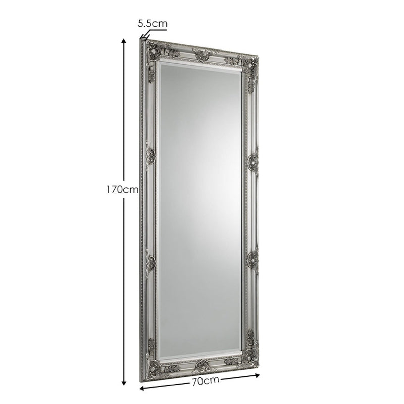 Silver framed mirror with dimensions on a white background