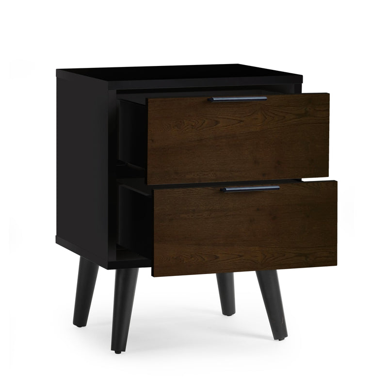 Dark wood nightstand with two drawers on a white background