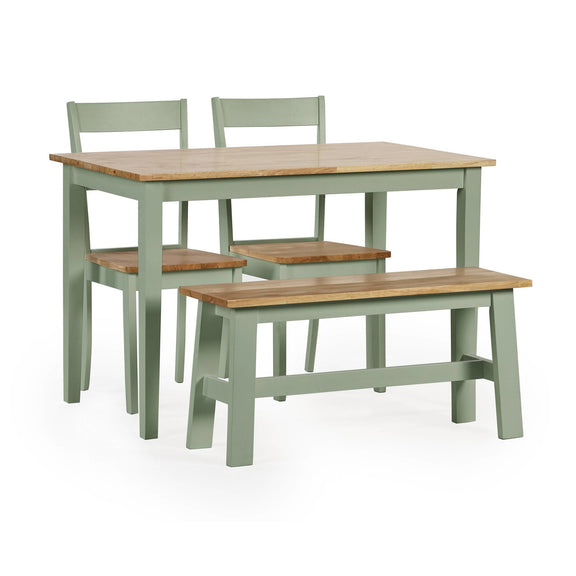 Dining set with table, chairs, and bench on a white background