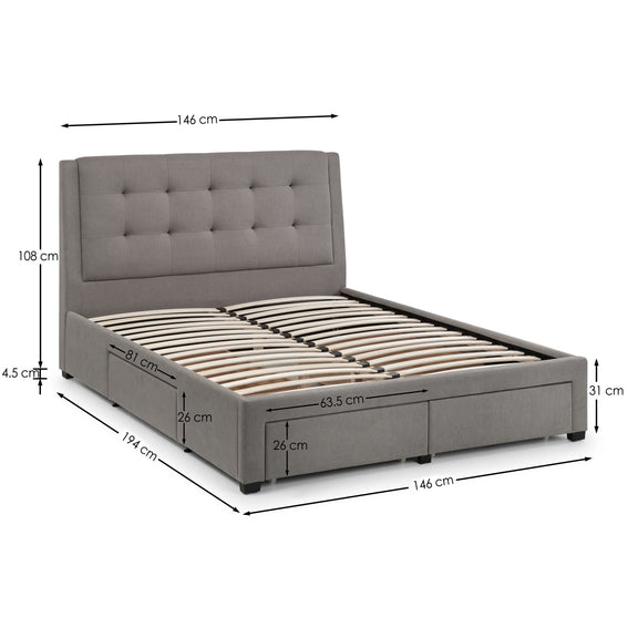 Gray upholstered bed with dimensions marked on a white background