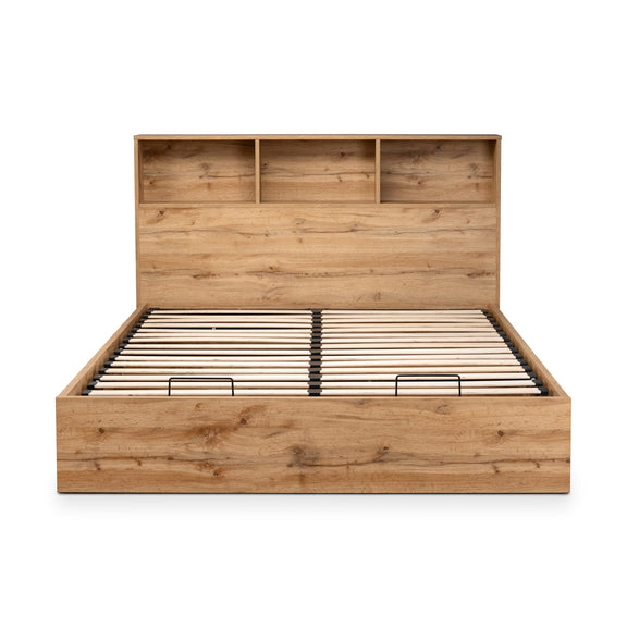 Wooden bed frame with open headboard on a white background