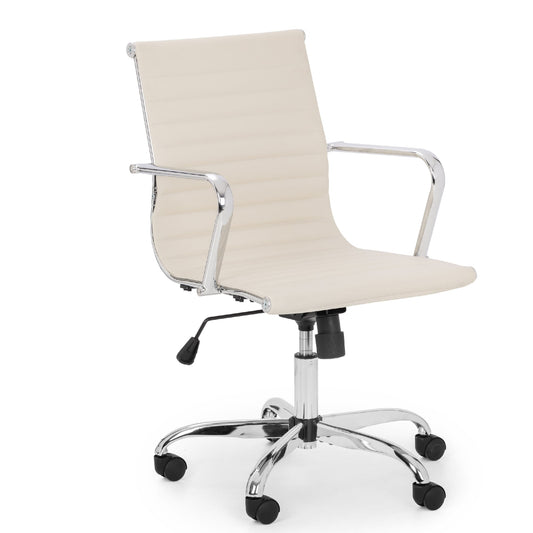 Beige office chair with chrome frame and wheels on a white background