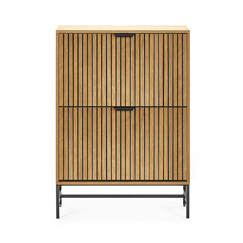 Wooden cabinet with slatted design on a white background