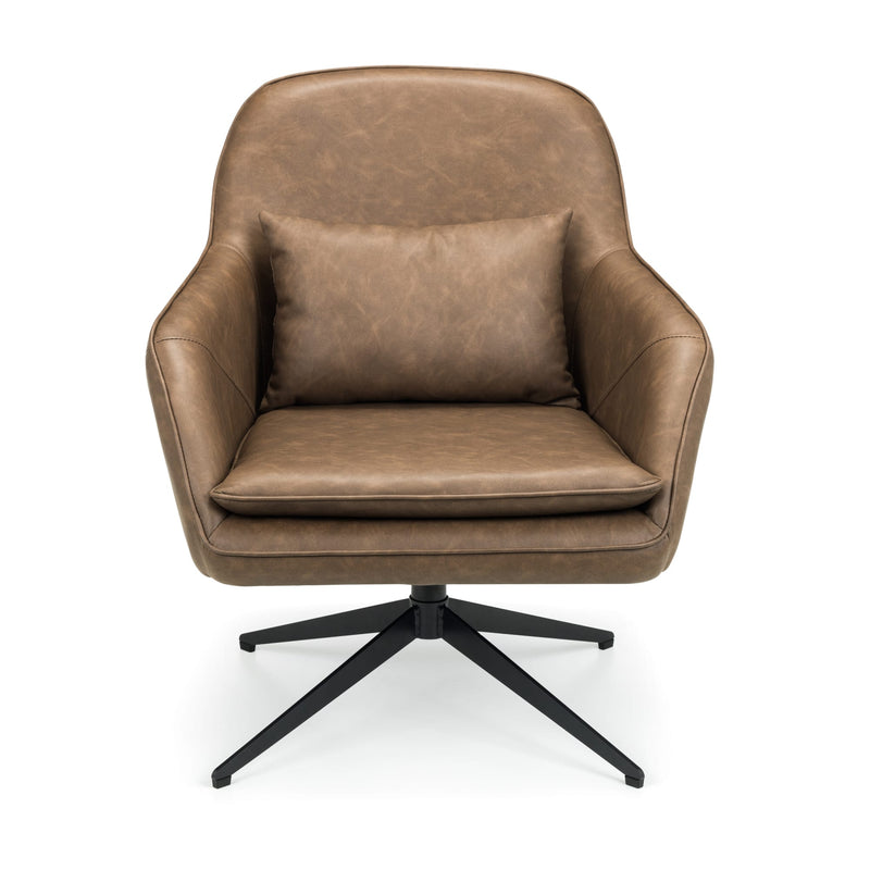 Brown leather armchair with a black swivel base on a white background