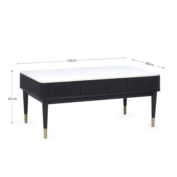 Black coffee table with white top and gold legs, shown with dimensions on a white background.