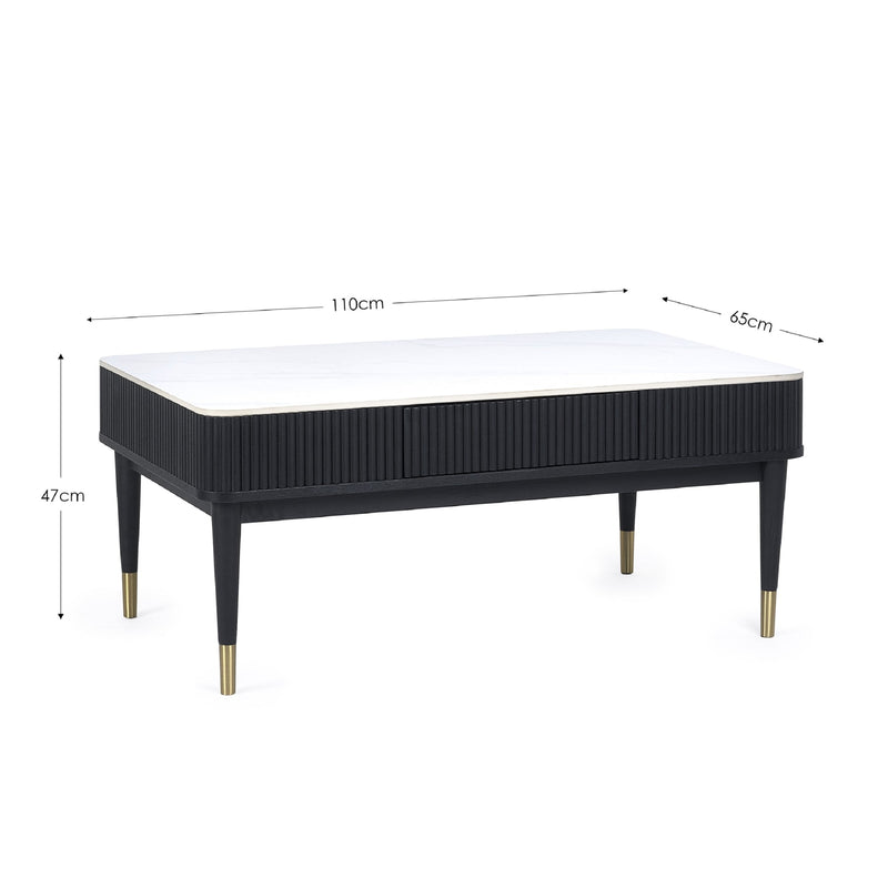 Black coffee table with white top and gold legs, shown with dimensions on a white background.