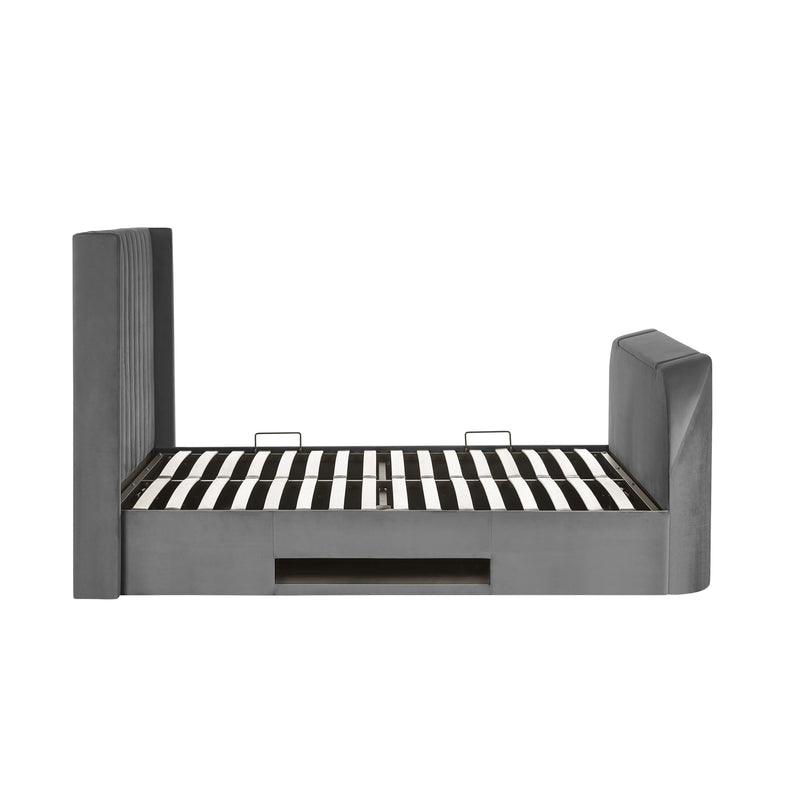 Modern bed frame with striped mattress on a white background