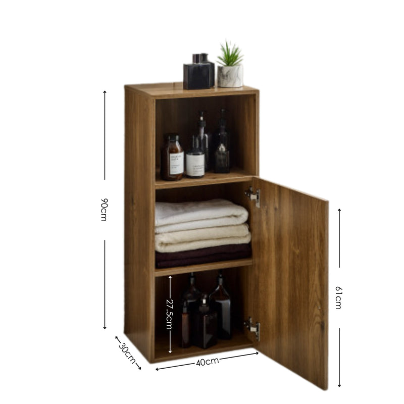 Wooden cabinet with open doors displaying items, with dimensions indicated.