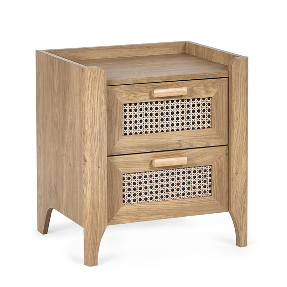 Oak wooden bedside table with two rattan front drawers front view
