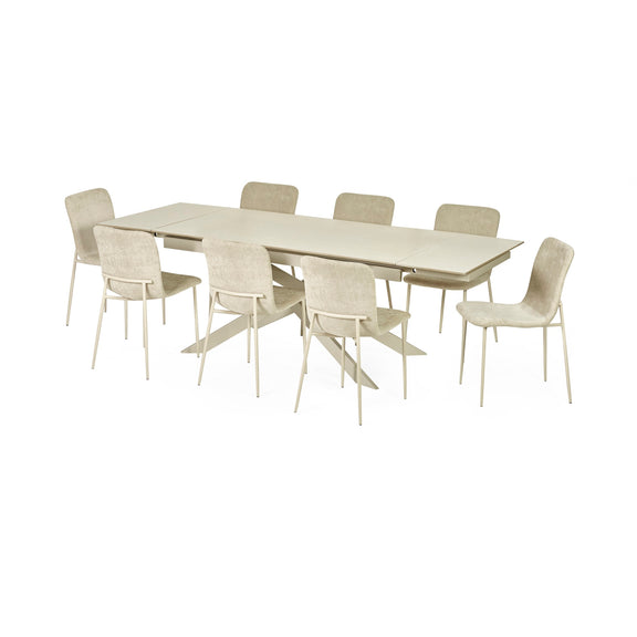 Beige dining table with six matching chairs on a white background