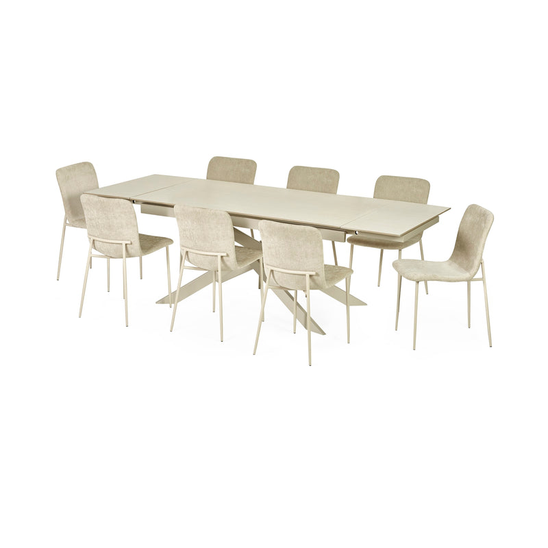 Beige dining table with six matching chairs on a white background
