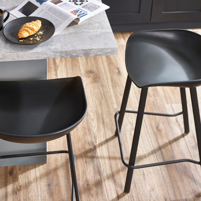 Two black bar stools in front of a table with a plate of food and newspaper.