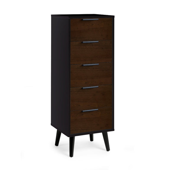 Tall dark brown dresser with four drawers on a white background