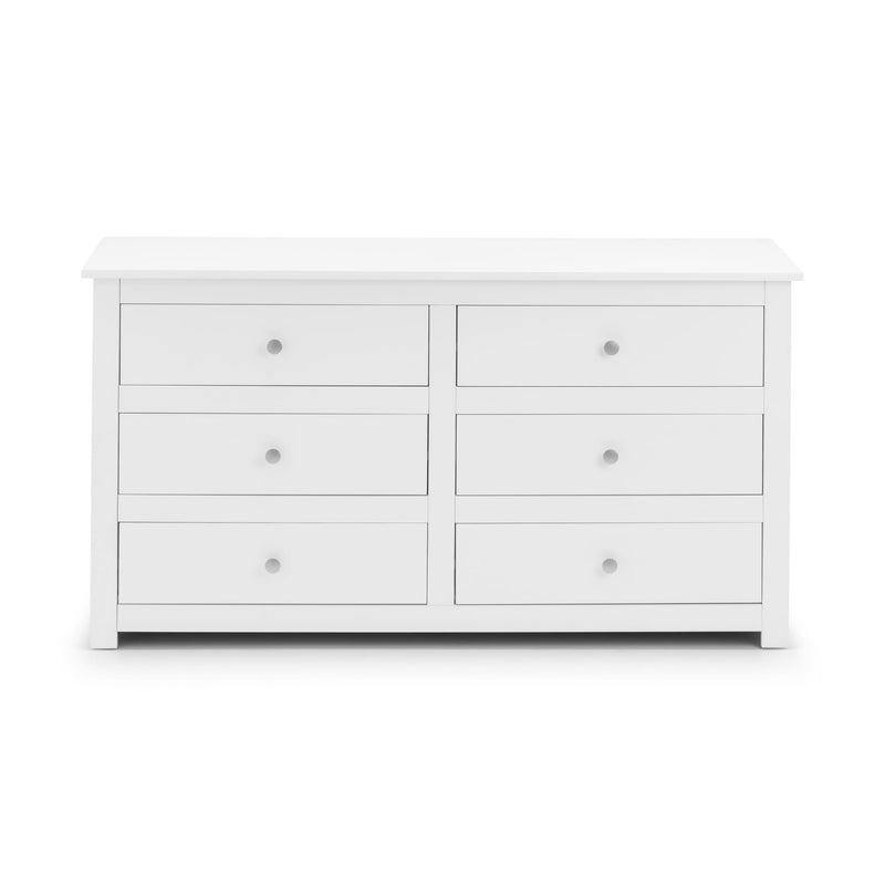 White dresser with six drawers on a white background