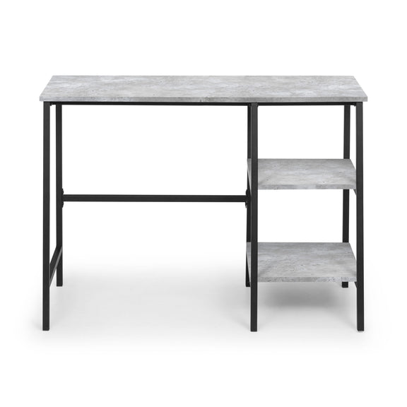 Table with marble-like top and black metal frame on a white background
