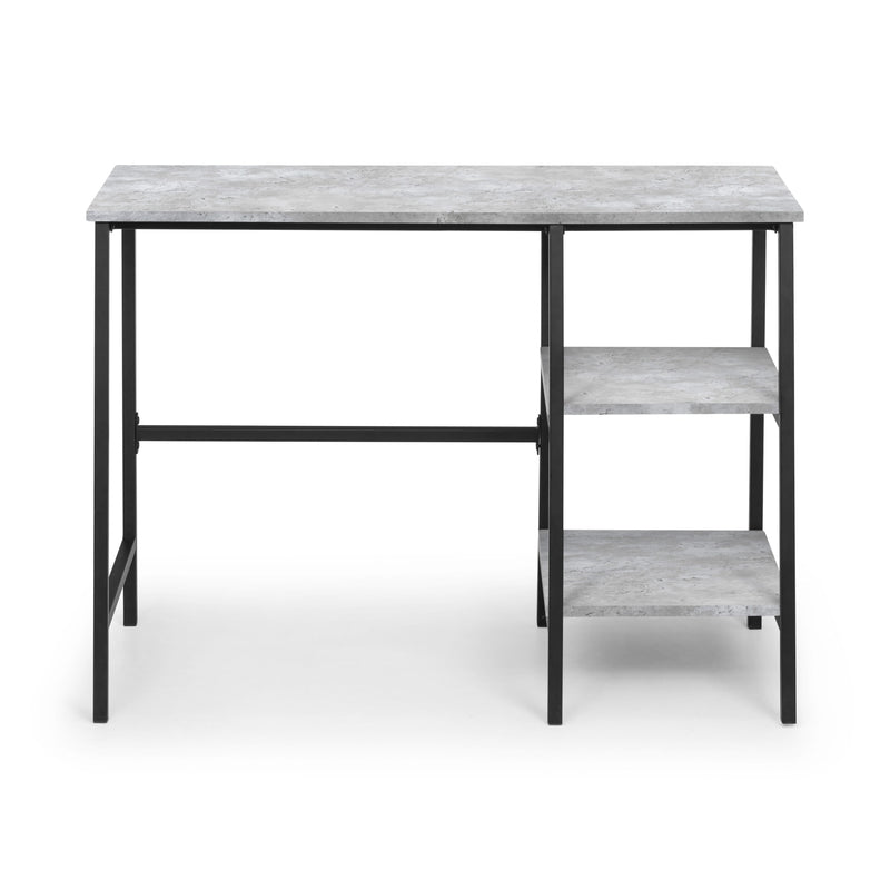 Table with marble-like top and black metal frame on a white background