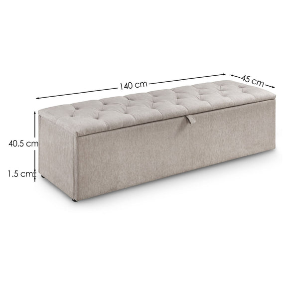 Gray storage bench with dimensions labeled on a white background
