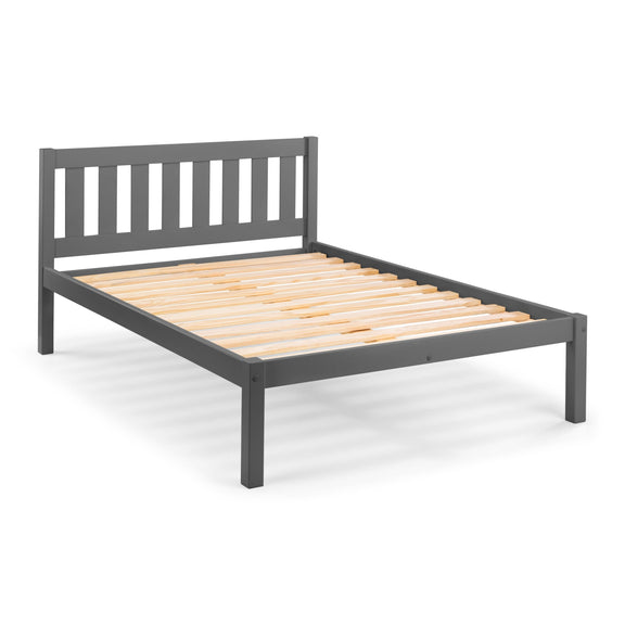 Gray metal bed frame with wooden slats on a white background