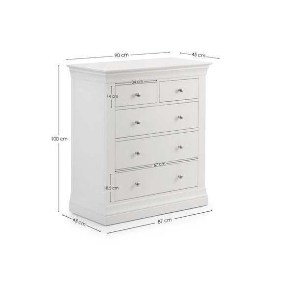 White dresser with dimensions labeled on a white background