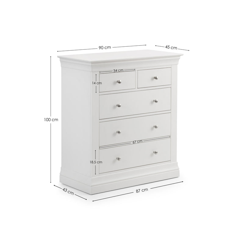 White dresser with dimensions labeled on a white background