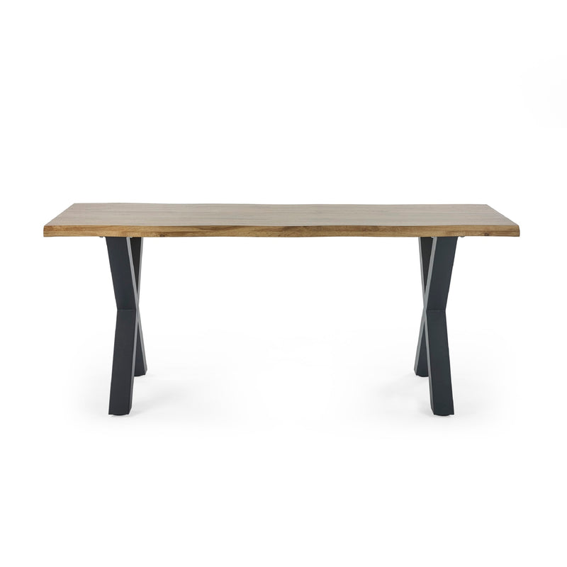 Wooden table with black metal legs on a white background