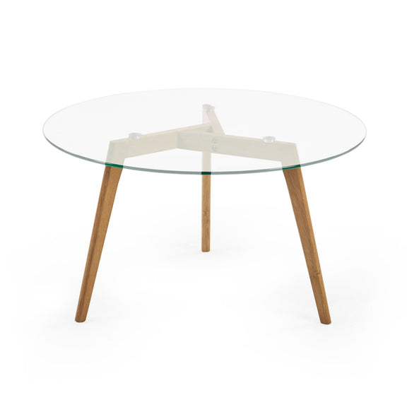 Glass table with wooden legs on a white background