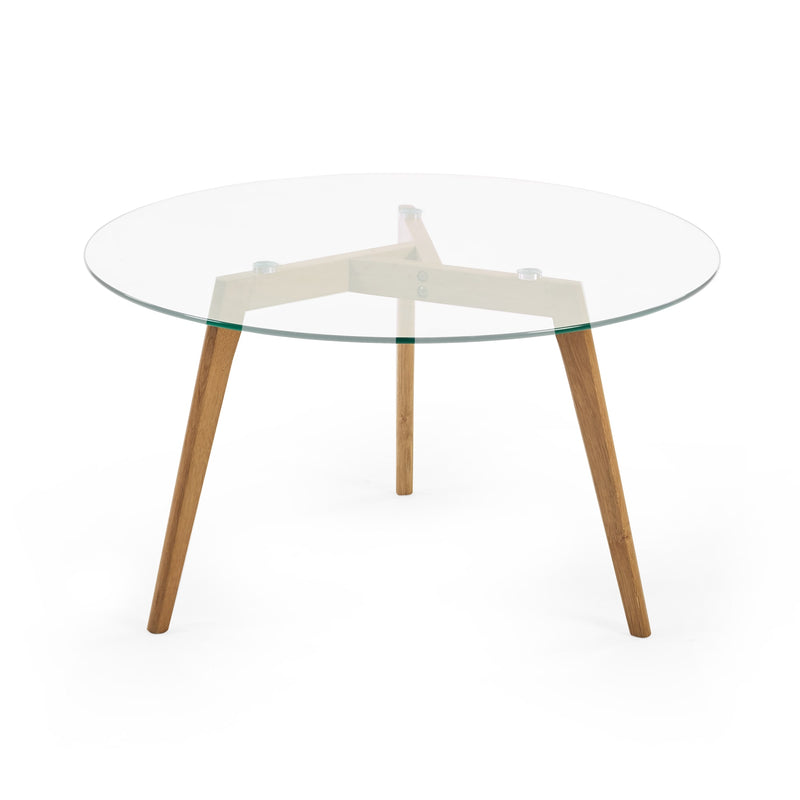 Glass table with wooden legs on a white background