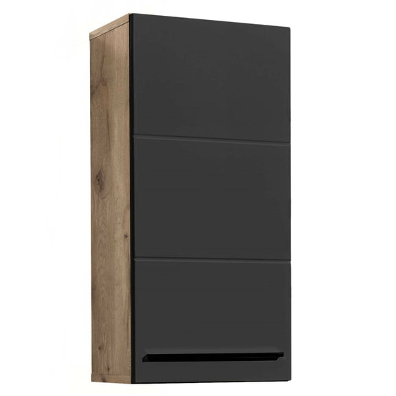 Tall black wardrobe with wooden base on a white background