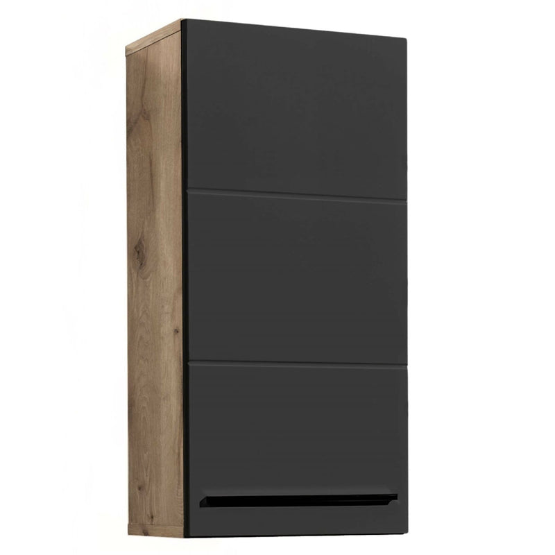 Tall black wardrobe with wooden base on a white background