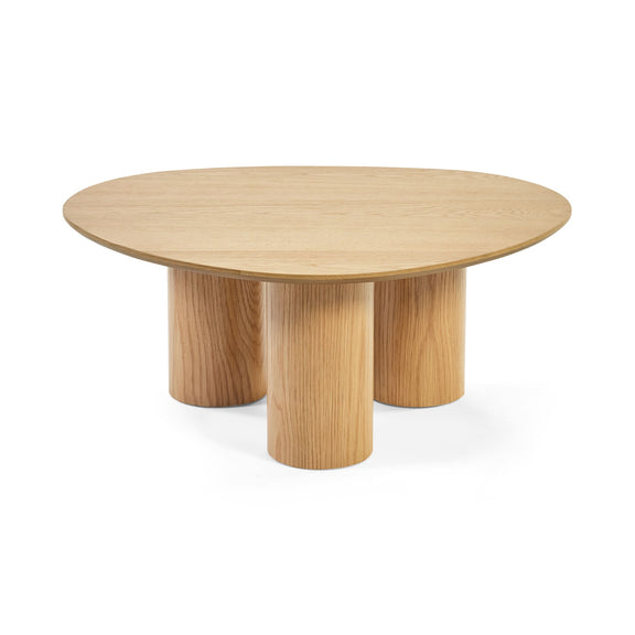 Wooden round table with three cylindrical legs on a white background