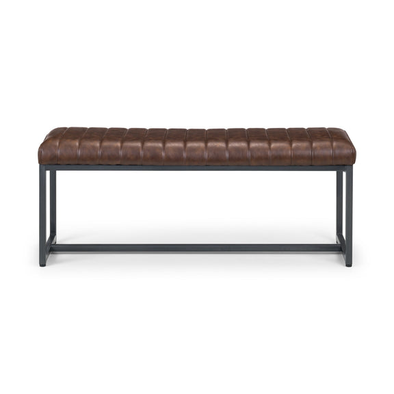 Brown leather bench with metal frame on a white background
