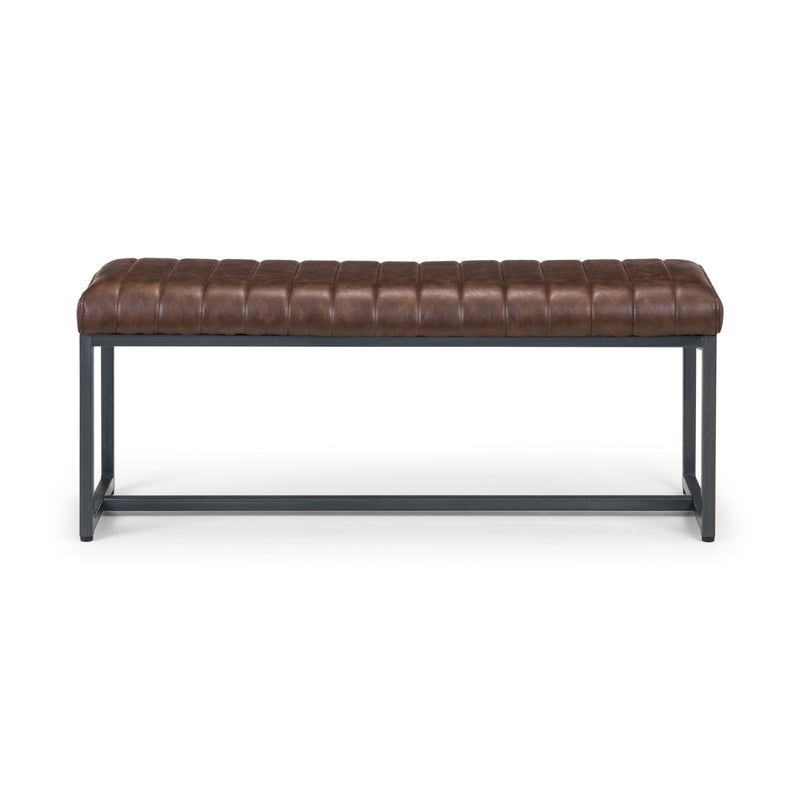 Brown leather bench with metal frame on a white background