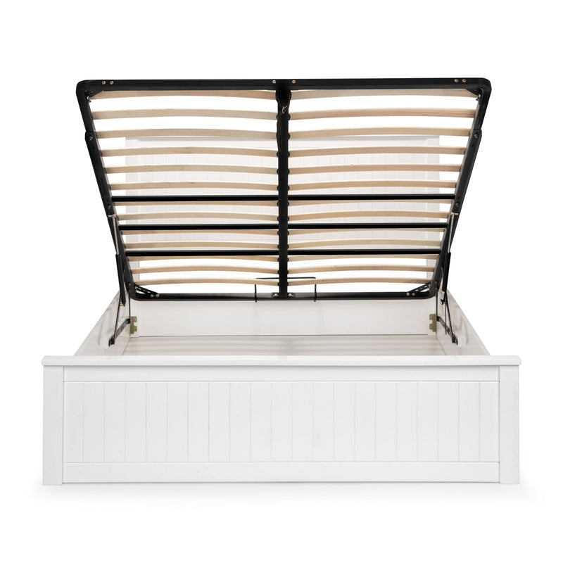 White bed frame with wooden slats on a white background