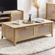 Wooden coffee table with woven design in a living room setting