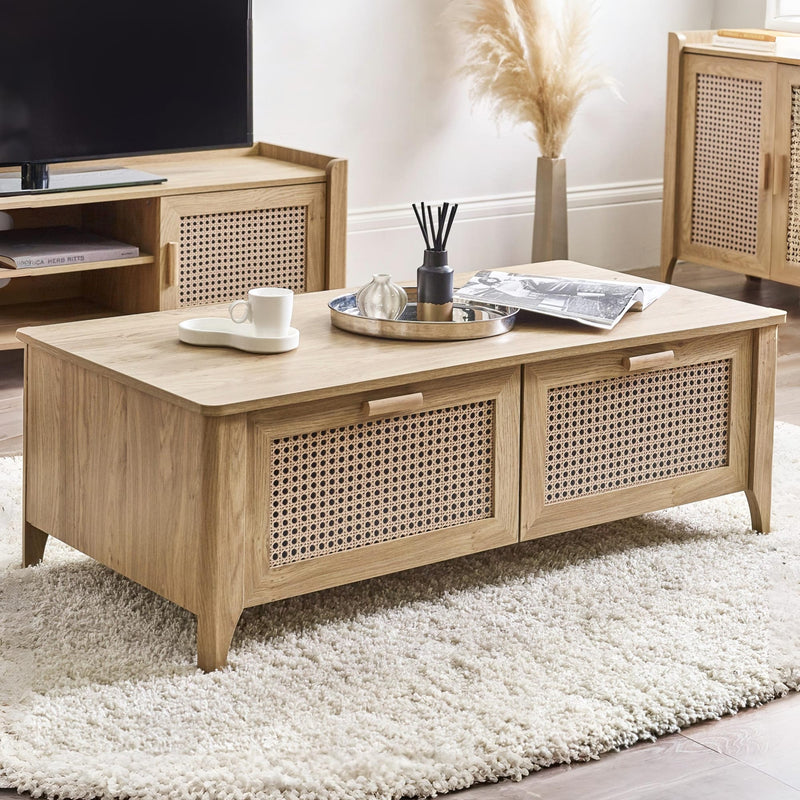 Wooden coffee table with woven design in a living room setting