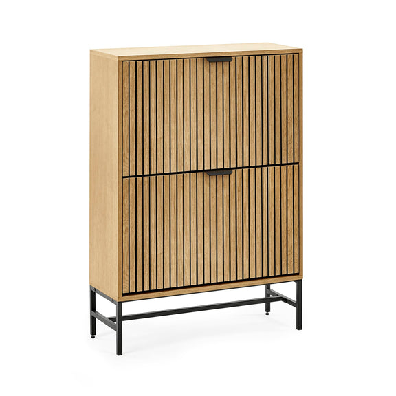Wooden cabinet with slatted doors on a white background
